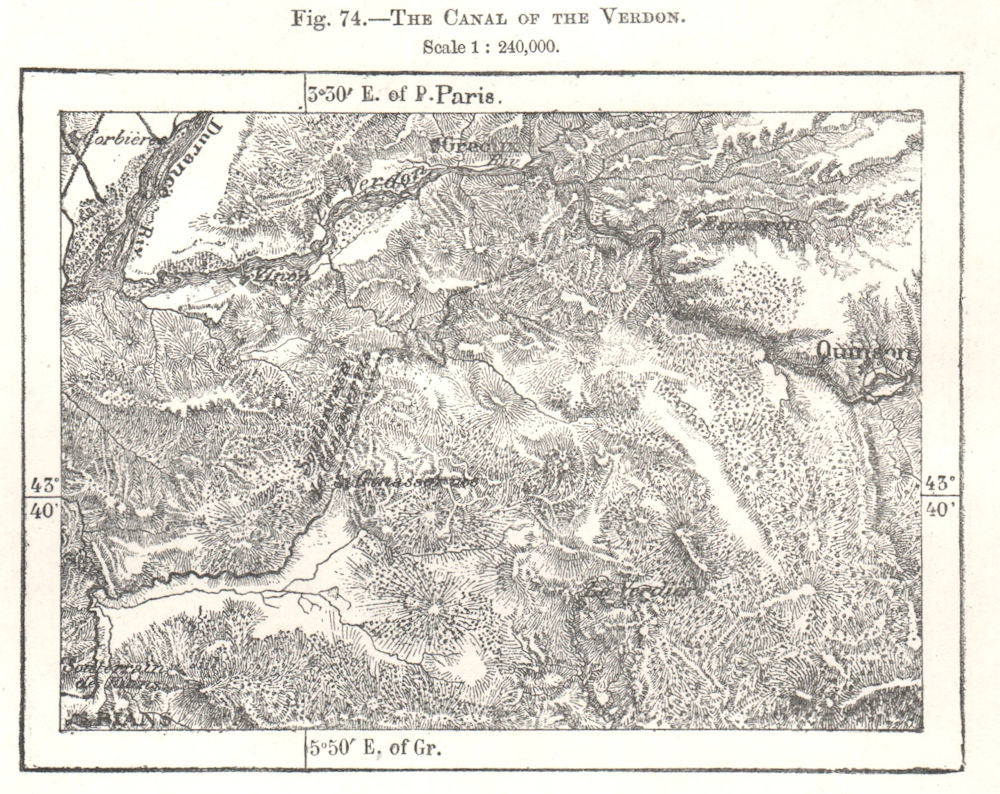 Canal of the Verdon. Greoux Quinson. Alpes-de-Haute-Provence. Sketch map 1885